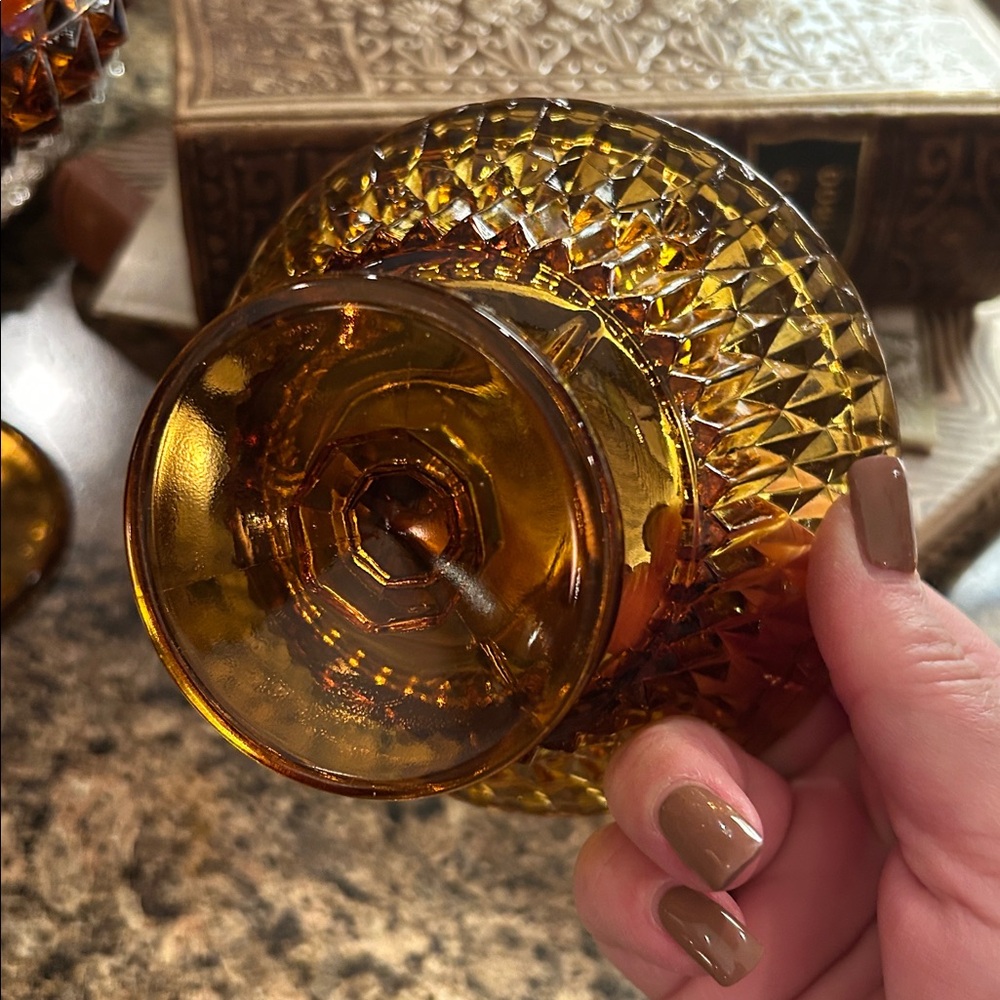Vintage Indiana Glass Amber Fairy Lamp Tea Light Holder in Diamond Point - Picture 4 of 5